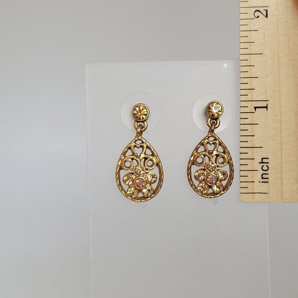 Vintage Womens Gold Toned Floral Rhinestone Tear Drop Dangle Pierced Earrings - Picture 8 of 9